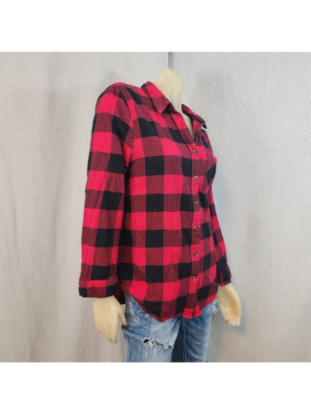 Socialite Red Black Buffalo Plaid Flannel Button Front Top Shirt Blouse LARGE - Picture 3 of 6
